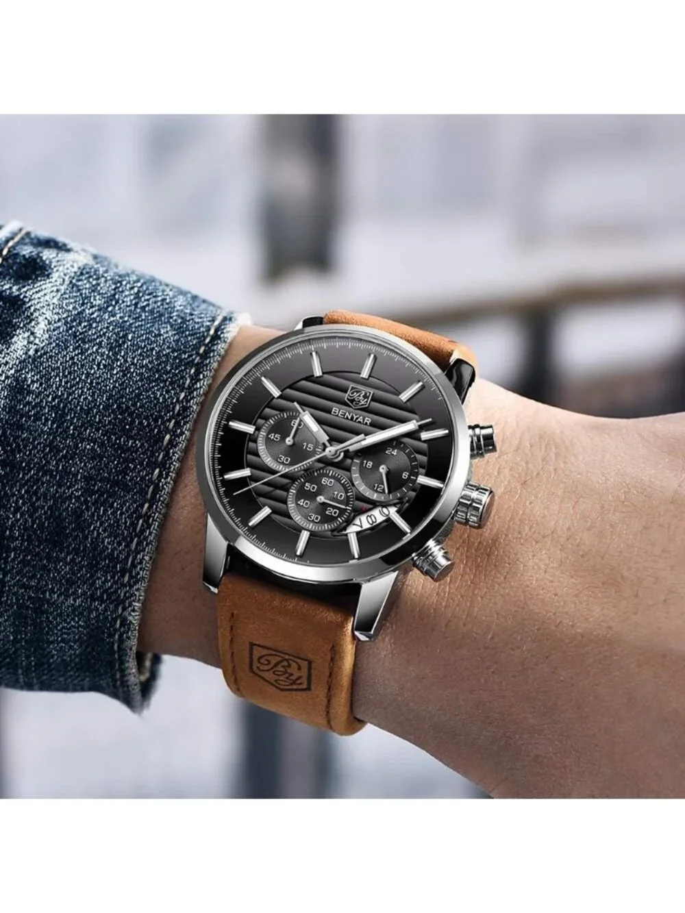 Men's Brown Black Analog Quartz Leather Strap Chronograph Waterproof Wrist Watch